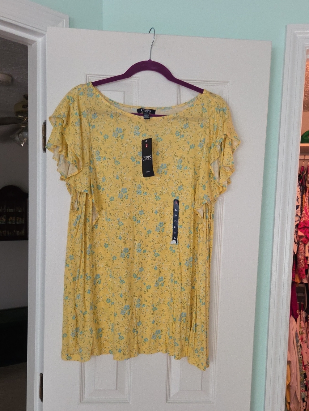 Chaps Yellow Floral Ruffle-Sleeve Tunic Top